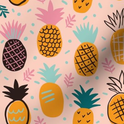 Cute hand drawn pineapples on orange background