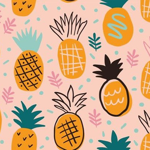 Cute hand drawn pineapples on orange background