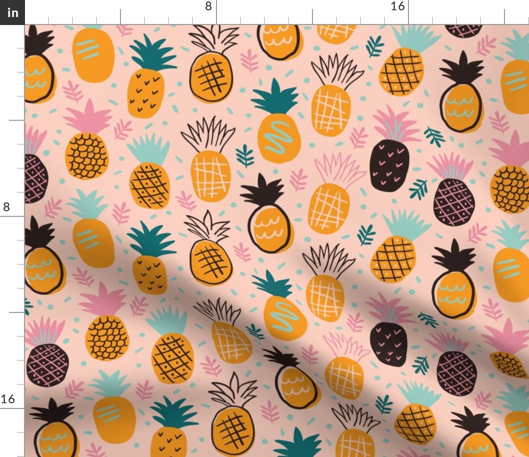 Cute hand drawn pineapples on orange background