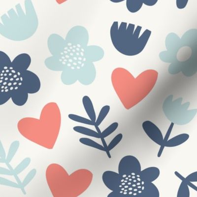 Cute scandinavian pattern with minimalistic flowers and hearts