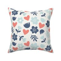 Cute scandinavian pattern with minimalistic flowers and hearts