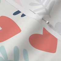 Cute scandinavian pattern with minimalistic flowers and hearts