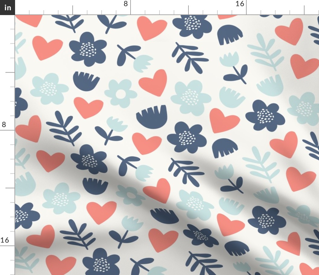 Cute scandinavian pattern with minimalistic flowers and hearts