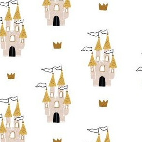 Childish fairy tale design with castles and crowns on white background