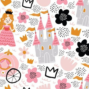 Fairy tale girly pattern with princess, carriage, coach, castle, flowers