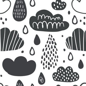 Black and white clouds, rainy drops in scandinavian style