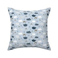 Sky, clouds, rainbows, stars on blue background. Scandinavian design