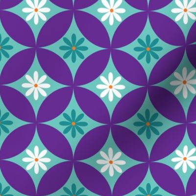 Mid Century Flower Circle Lock Print - Purple, Turquoise, Teal, White