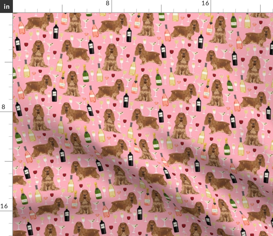 cocker spaniel dog fabric - wine dogs fabric, dog fabric, cocker spaniel fabric, dogs design -pink