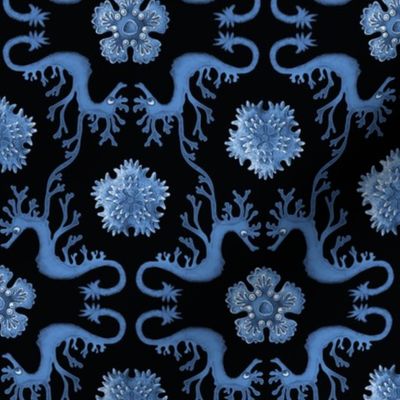 SEADRAGON AND SEA ANEMONE BLUE ON BLACK