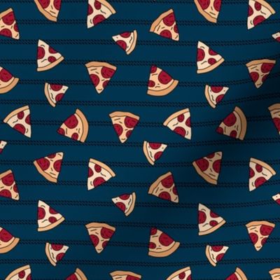 Pizza lovers slice fast food pop art drawing and stripes design navy blue