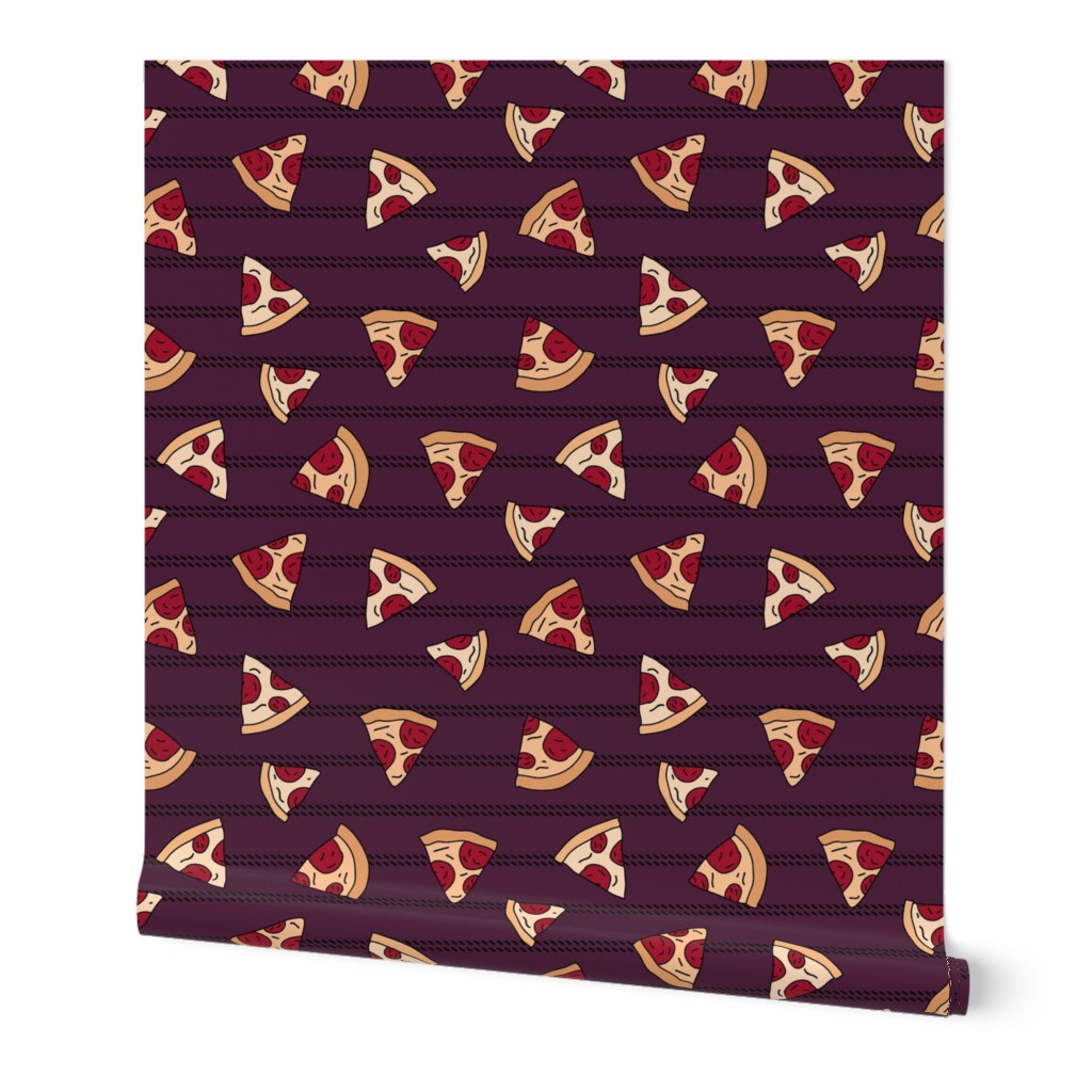 Pizza lovers slice fast food pop art drawing and stripes design deep maroon