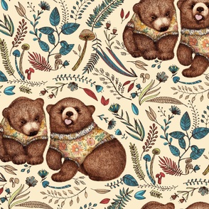 Whimsical Bear Pair with Fantasy Flora