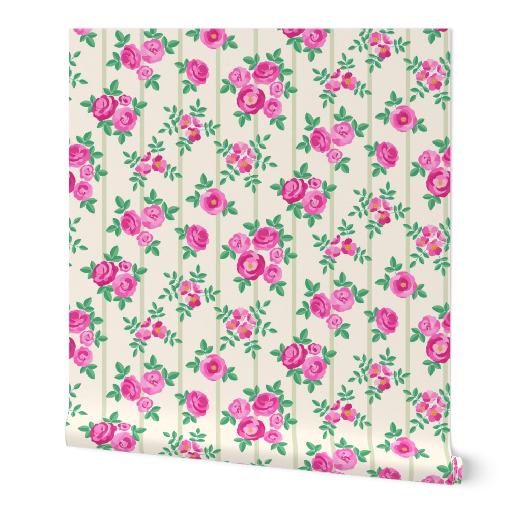 Chintz roses stripe cream pink by Pippa Shaw