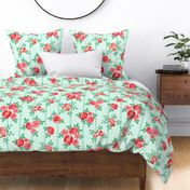 Chintz roses stripe mint red by Pippa Shaw