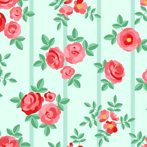 Chintz roses stripe mint red by Pippa Shaw