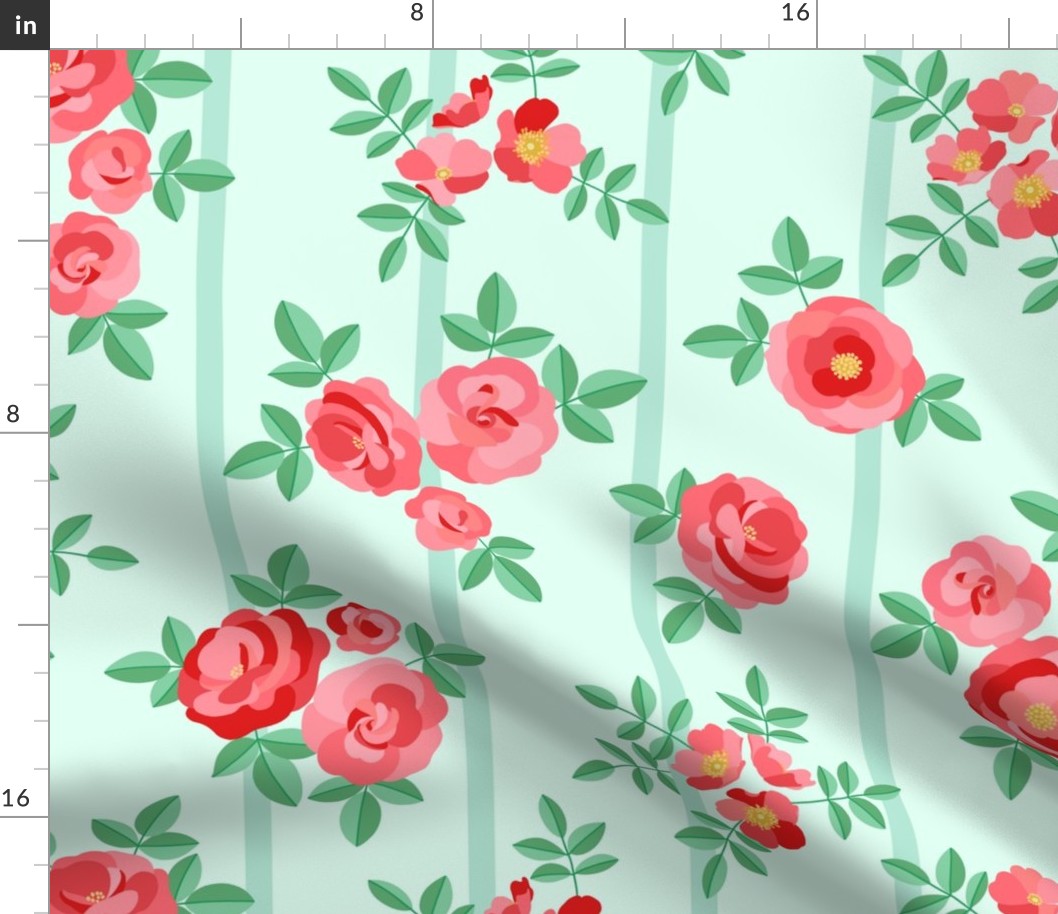 Chintz roses stripe mint red by Pippa Shaw