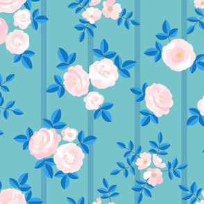 Chintz roses stripe turquoise pale pink by Pippa Shaw