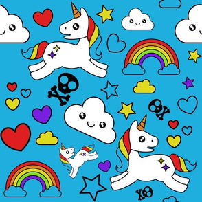 Mystical Cartoon Unicorns skulls and Rainbows on blue