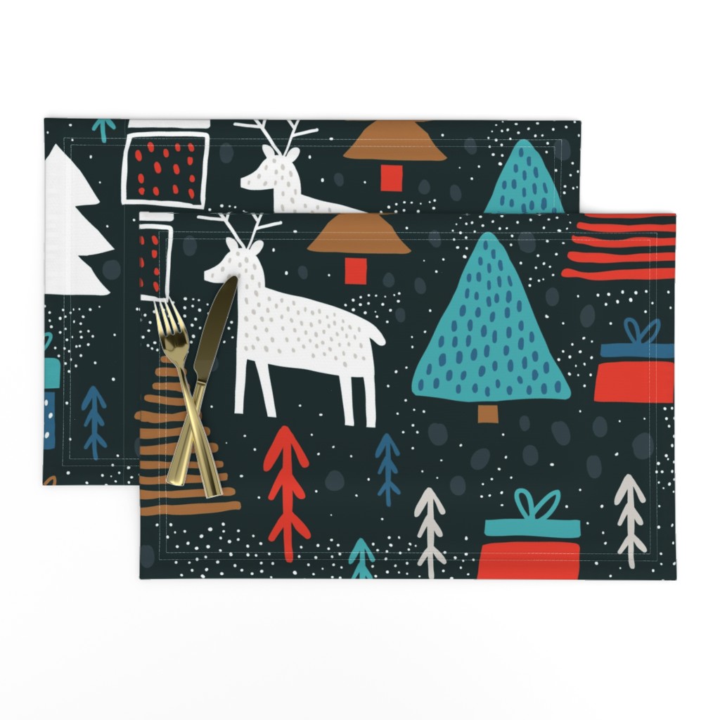 Whimsical wonderland wallpaper - christmas forest with raindeers on dark background