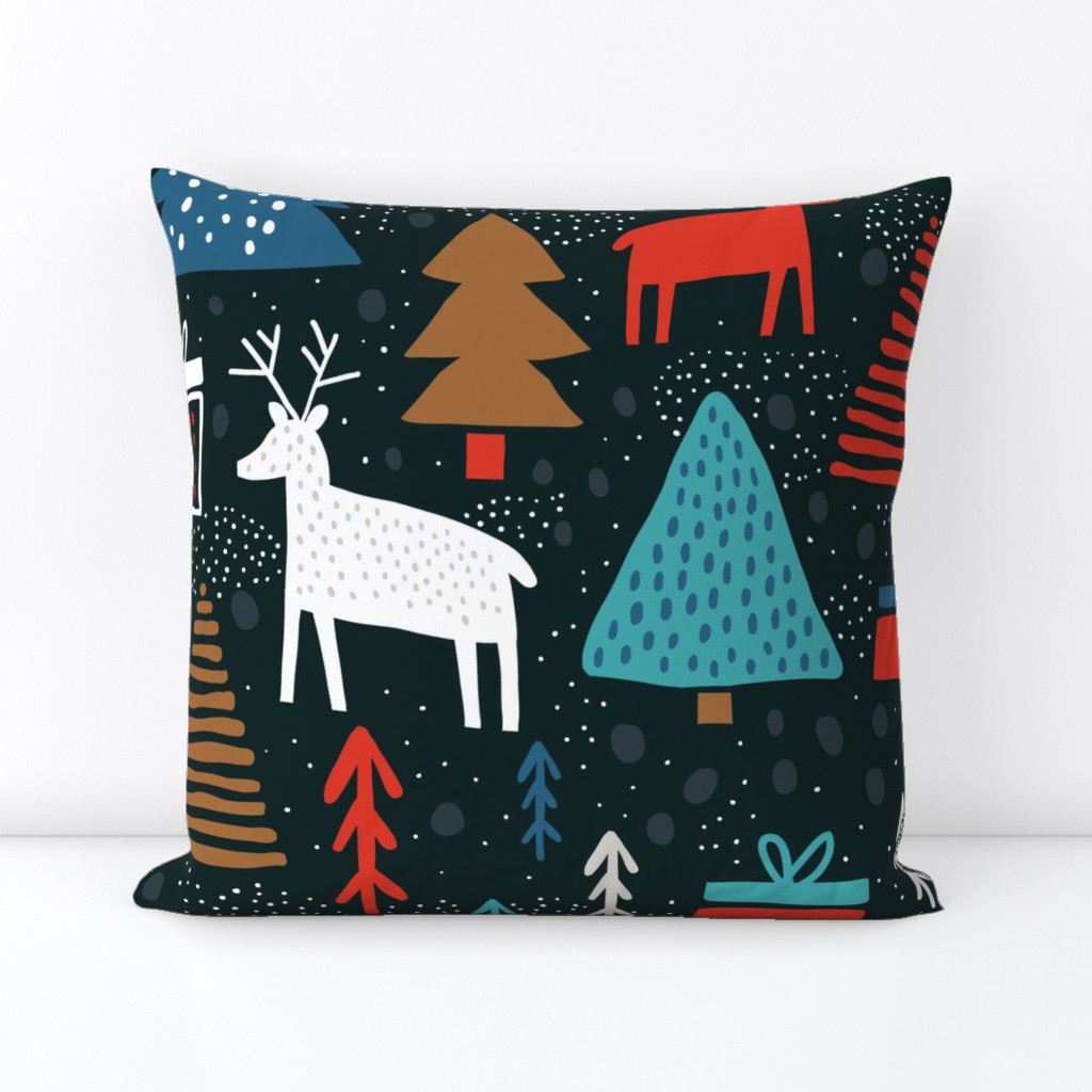 Whimsical wonderland wallpaper - christmas forest with raindeers on dark background