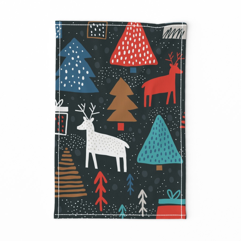 Whimsical wonderland wallpaper - christmas forest with raindeers on dark background