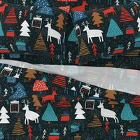 Whimsical wonderland wallpaper - christmas forest with raindeers on dark background