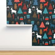 Whimsical wonderland wallpaper - christmas forest with raindeers on dark background