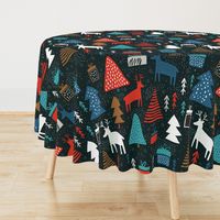 Whimsical wonderland wallpaper - christmas forest with raindeers on dark background