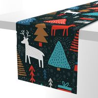 Whimsical wonderland wallpaper - christmas forest with raindeers on dark background