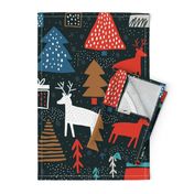 Whimsical wonderland wallpaper - christmas forest with raindeers on dark background