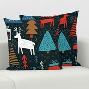 Whimsical wonderland wallpaper - christmas forest with raindeers on dark background