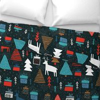 Whimsical wonderland wallpaper - christmas forest with raindeers on dark background