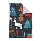 Whimsical wonderland wallpaper - christmas forest with raindeers on dark background