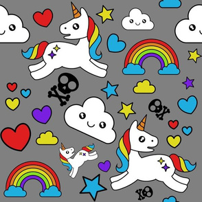 Mystical Cartoon Unicorns skulls and Rainbows on gray