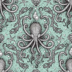 Octopus Damask Sea Foam Aqua 