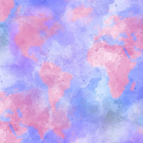 Watercolor World Map in Pink, Lavender and Blue