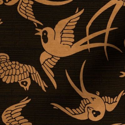 VINTAGE JAPANESE SWALLOWS - WARM GOLD ON DARK BROWN