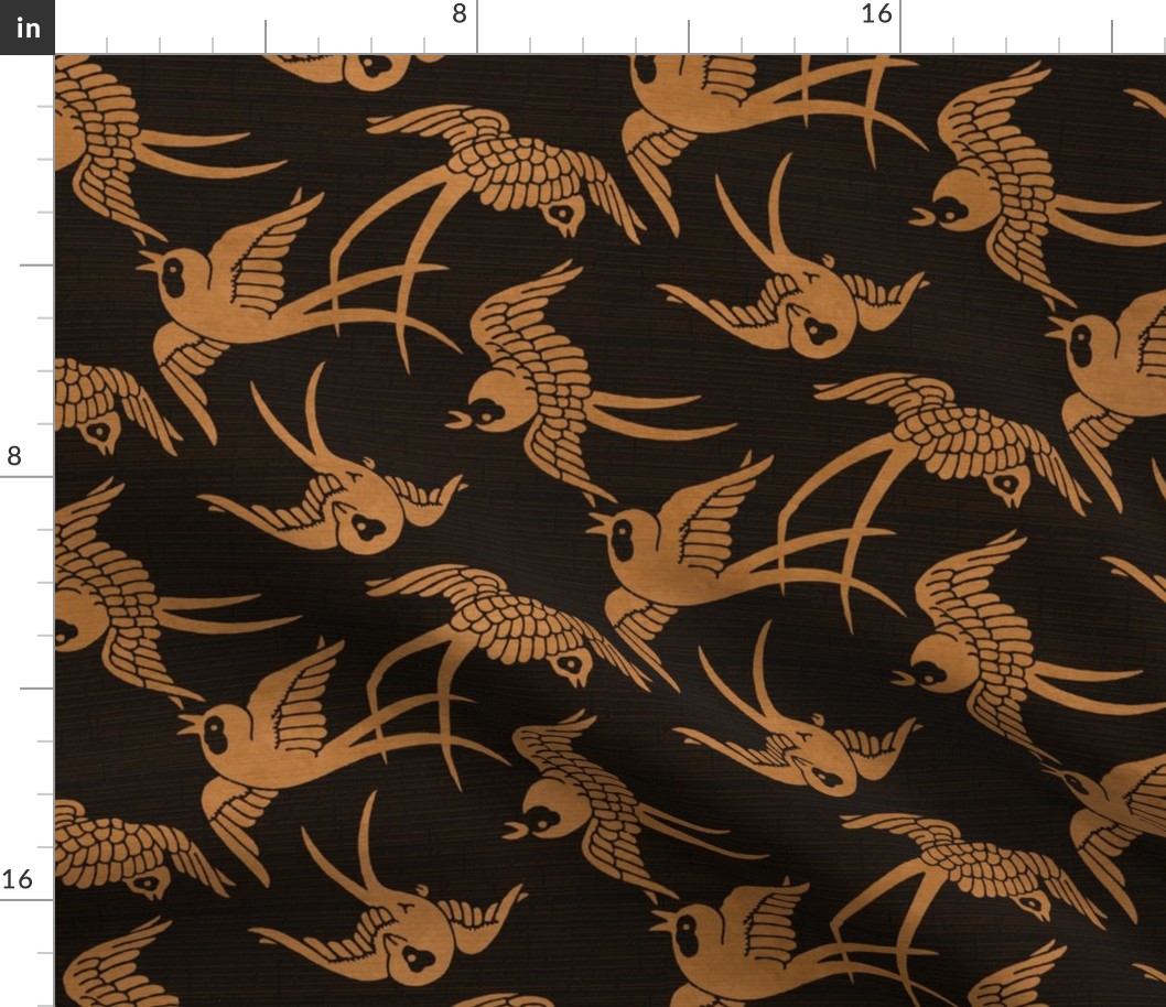 VINTAGE JAPANESE SWALLOWS - WARM GOLD ON DARK BROWN