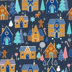 Gingerbread Houses in the snow - Navy - medium