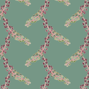 FINALE Italian berry, floral flowers, foliage, green, purple, pink, ream, gold hand-drawn repeating pattern