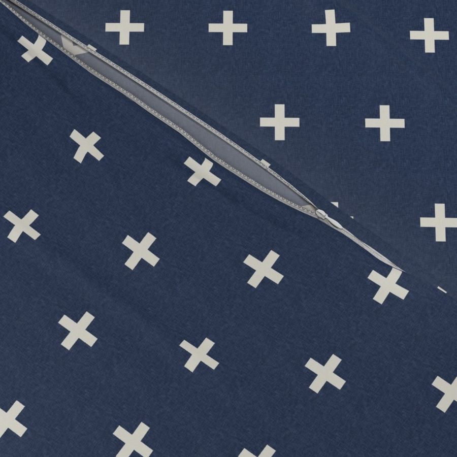 ivory linen swiss cross on navy linen