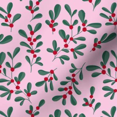 Little mistletoe garden minimal botanical berries and leaves Christmas design green pink