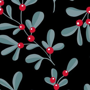 Little mistletoe garden minimal botanical berries and leaves Christmas design black blue LARGE