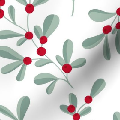 Little mistletoe garden minimal botanical berries and leaves Christmas design white green red LARGE