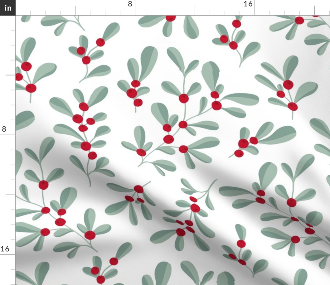 Little mistletoe garden minimal botanical berries and leaves Christmas design white green red LARGE