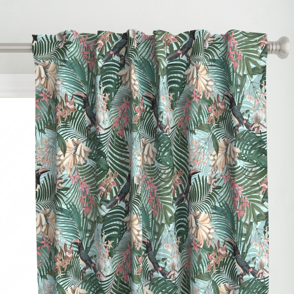 18" Tropical Night - Toucan in palm jungle with tropical flowers and bananas - teal