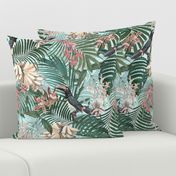 18" Tropical Night - Toucan in palm jungle with tropical flowers and bananas - teal