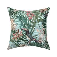 18" Tropical Night - Toucan in palm jungle with tropical flowers and bananas - teal