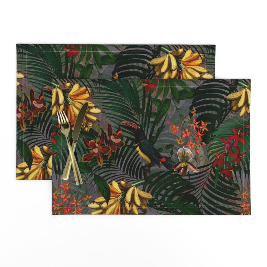 18" Tropical Night - Toucan in palm jungle with tropical flowers and bananas - dark gray